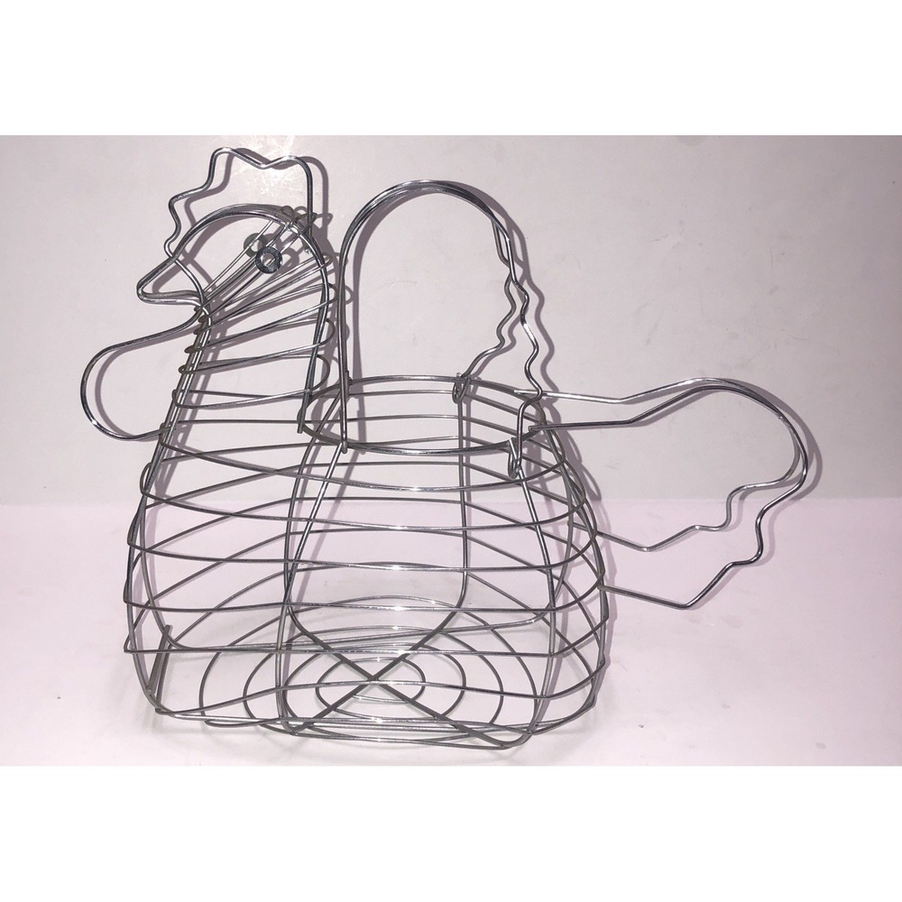 Chicken Hen Egg Basket Gray Chrome‎ Wire Large Farmhouse Country Vintage Kitchen